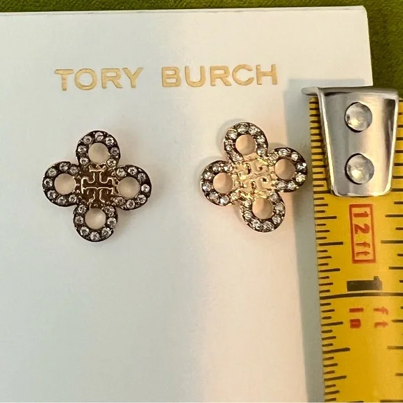 Tory Burch Small Kira Clover Pave stud earrings w/Tory Branded Velvet Pouch - Picture 5 of 5